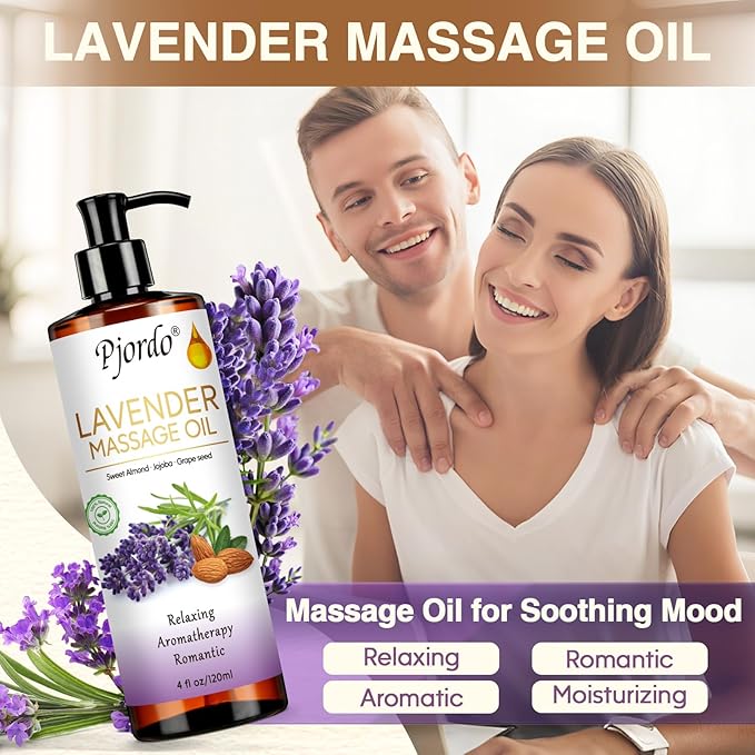 Pjordo Body Massage Oil for Massage Therapy Kit, Lilac, Lavender, Sore Muscle Arnica Oil with Massage Roller Ball, Relaxing Massage Oils for Pain Relief, Spa Gift Set for Him Her