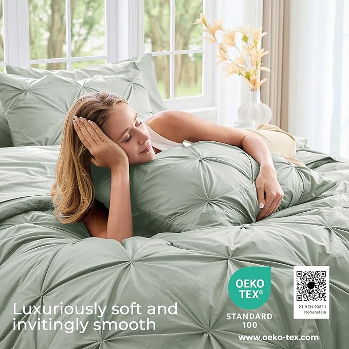 Sasttie Full Size Comforter Set, 7-Piece Bed in a Bag, Pintuck Bedding Set for All Season, Includes Comforter, Flat Sheet, Fitted Sheet, Pillowcases and Pillowshams, Dusty Green