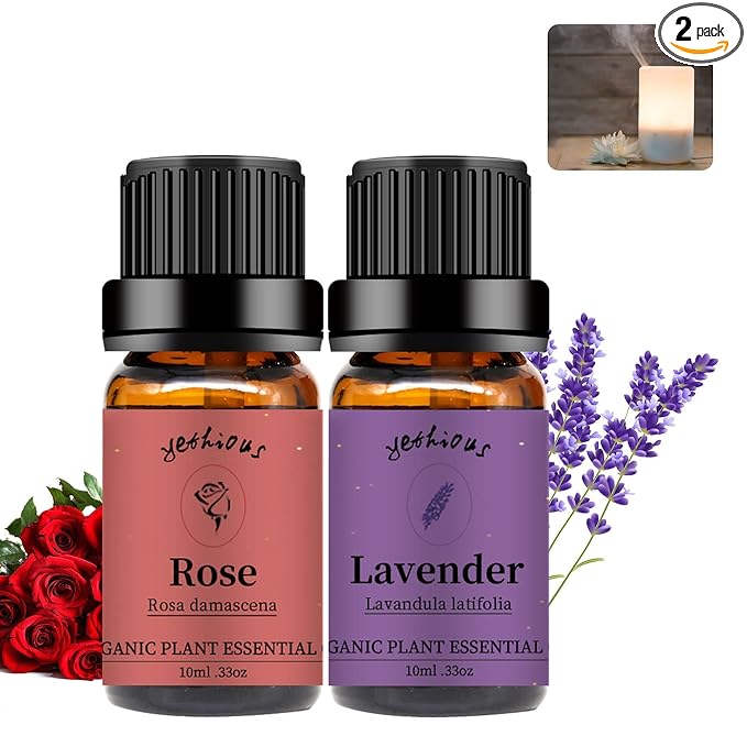 yethious 2 Pack Lavender Rose Essential Oil Set 100% Pure Organic Lavender Aromatherapy Oil Rose Fragance Oil for Diffuser Essential Oil Set