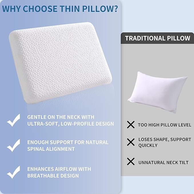 Ultra Thin, Flat Pillow for Sleeping 3.25 Inch Height, Thin Memory Foam Pillow for Stomach Sleeper, Slim Bed Pillow for Side and Back Sleepers, Standard Size
