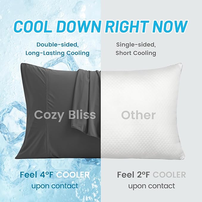 Cozy Bliss Cooling Pillow Cases for Hot Sleepers, Q-Max>0.45, Standard Size Set of 2, Soft & Silky Pillow Covers with Envelope Closure,Gift, Charcoal Gray, 20x26 Inches