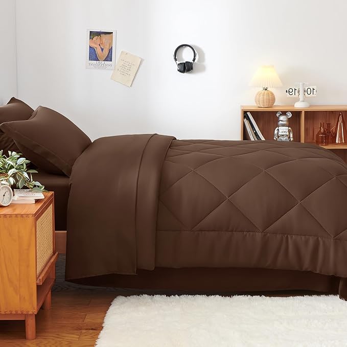 CozyLux Twin XL Comforter Set Brown - 5 Pieces Twin Extra Long Bed in a Bag for College Dorm, All Season Bedding Set for Girls and Boys, Soft Bed Set with Comforter, Sheets, Pillowcase & Sham