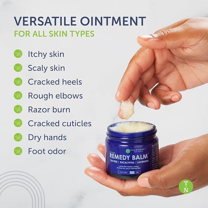 Truremedy Naturals Remedy Balm with Tea Tree Oil, 2 oz - Soothing Moisturizer for Rough Areas - Nourishing Foot and Body Balm with Tea Tree, Lavender, and Eucalyptus (Pack of 2)