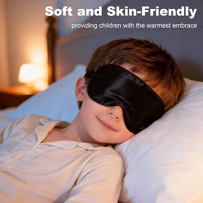 Silk Sleep Eye Mask for Kids, 100% Real Natural Pure Silk Sleeping Masks, Blindfold Sleep Eye Cover with Adjustable Strap, Soft & Lightweight Night Eyeshade for Boys Girls Teens (Black)