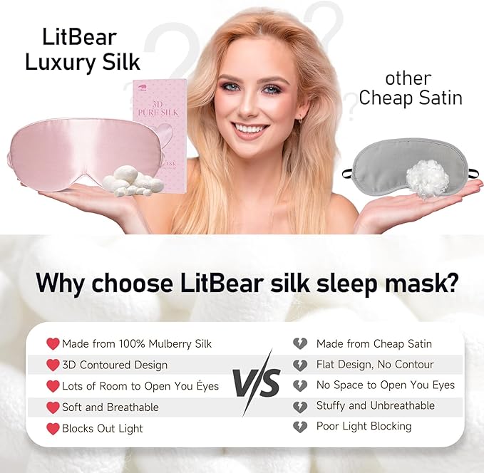LitBear 100% 22 Momme Mulberry Silk Sleep Mask - 3D Contoured Eye Mask for Men Women, Soft Breathable Sleeping Mask with Adjustable Strap, Perfect Blocks Light for Sleeping (Pale Pink)