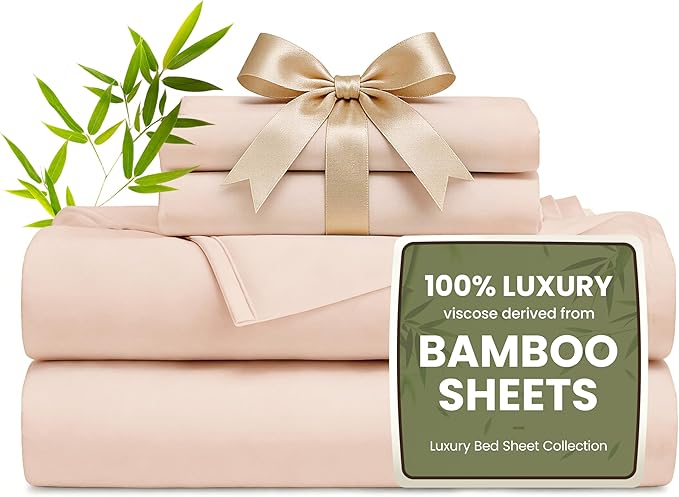 Love's cabin 4 Piece Full Size Sheet Set, 100% Rayon Derived from Bamboo, Cooling & Breathable, Soft Silky Deep Pocket up to 16", Hotel Luxury Bedding for Hot Sleepers, Pink