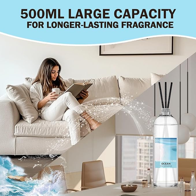 SCENTORINI Reed Diffuser Oil Refill, 16.9oz Natural Ocean Scented Essential Oil with 6 Sticks, Long Lasting Home Fragrance for Bathroom, Spa Room Aromatherapy, Hotel, Home & Office Decor