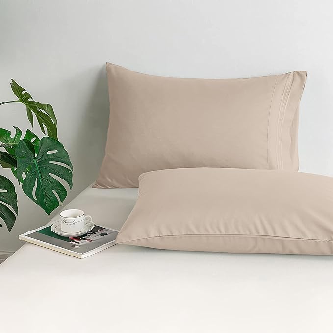 Mocassi 2-Piece Premium King Pillowcase Set 1800 Series Hotel Quality Microfiber - Soft and Breathable with 3-Line Embroidery Wrinkle and Stain Resistant, Easy Care, 20" x 40", Cream