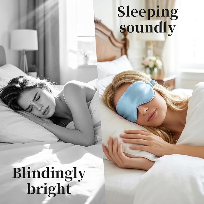 ZLYC 100% Mulberry Silk Sleep Mask Pressure-Free Eye Cover Soft Light Blocking Blindfold for Travel & Nap, Solid Light Blue