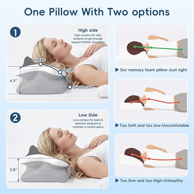Cervical Pillow for Neck and Shoulder Support, Contour Memory Foam Pillow for Pain Relief, 2 Heights Cooling Ergonomic Orthopedic Pillow for Side Back Stomach Sleepers