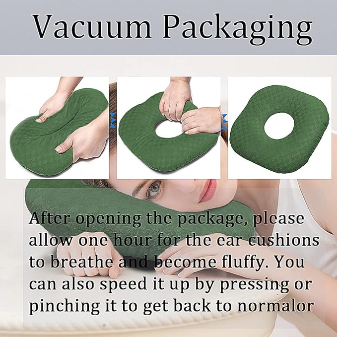 Ear Piercing Pillow for Side Sleepers, Pillow with an Ear Hole for CNH and Ear Pain Ear Inflammation Pressure Sores, O-Shaped Side Sleeping Pillow, Ear Guard Pillow(Dark Green)