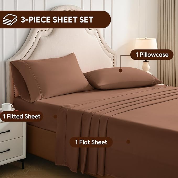 Twin XL Sheets Set, 3 Pieces Hotel Luxury Soft Microfiber Bed Sheets Set, Up to 16" Deep Pockets, Oeko-Tex Sheets with Elastic, Breathable, Wrinkle Free (Brown,Twin XL)