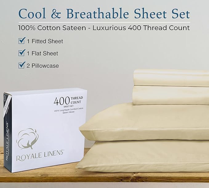 ROYALE LINENS 400 Thread Count 100% American Grown Cotton 4 Piece Sateen King Sheet Set - 1 Fitted Sheet, 1 Flat Sheet, 2 Pillow case - Taupe King Bedsheet - Cotton Sheets - (King, Moroccan Sand)
