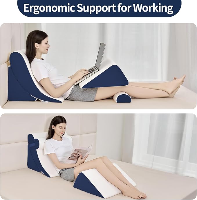 4PCS Orthopedic Bed Wedge Pillow Set for Post Surgery & Pain Relief, Adjustable Wedge Pillow for Back, Acid Reflux,Sitting up in Bed,Recovery, Snoring, Body Pillow for Sleeping (White/Navy)