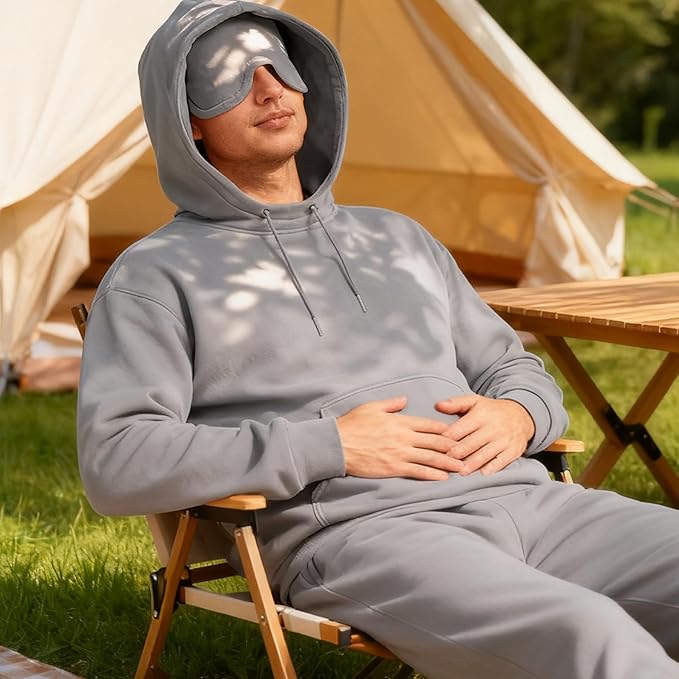 Ainangua Mens Oversized Pullover Essentials Hoodie with Eye Mask Built In Comfor Airplane Mode Travel Sleep Wearable Blanket