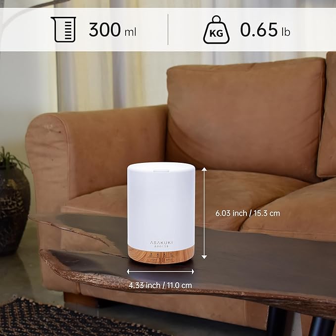 ASAKUKI Essential Oil Diffuser for Home, 300 ml Humidifier with Automatic Shut-Off, Quiet Aromatherapy Diffuser with 7 LED Lights for Living Room, Kitchen, Bedroom, Hotel, Gift for Mom - Light Brown