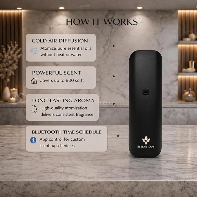 The Pulse Plug-in Waterless Diffuser – Cold Air Nebulizing Scent Machine for Home, Hotel, Office & Spa – w/Bluetooth for Essential Oil Blends (Black)