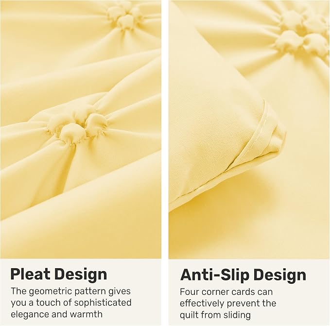 UNIKOME King Size Comforter Set Yellow - Ultra Soft Boho Pintuck Down Alternative Bedding Set for All Seasons, 3 Pieces Lightweight Warm Pinch Pleat Bed Set with Comforter, 2 Pillowcases