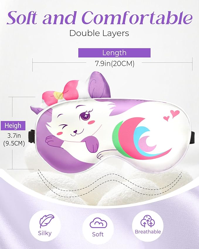 Miss Adola Sleep Mask for Kids - Valentines Gift for Kids Cute Silk Eye Cover for Sleeping Soft Kawaii Eyeshade Animal Eye Blindfold with Adjustable Strap for Girls Teens, Cat