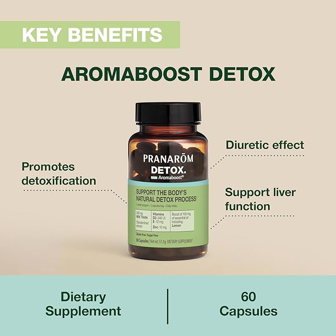 Pranarom - Aromaboost Detox Herbal Supplement - Eliminates Toxins and Drains The Body - Milk Thistle and Zinc - Vitamins D3 and E - Lemon Essential Oil - 60 Count