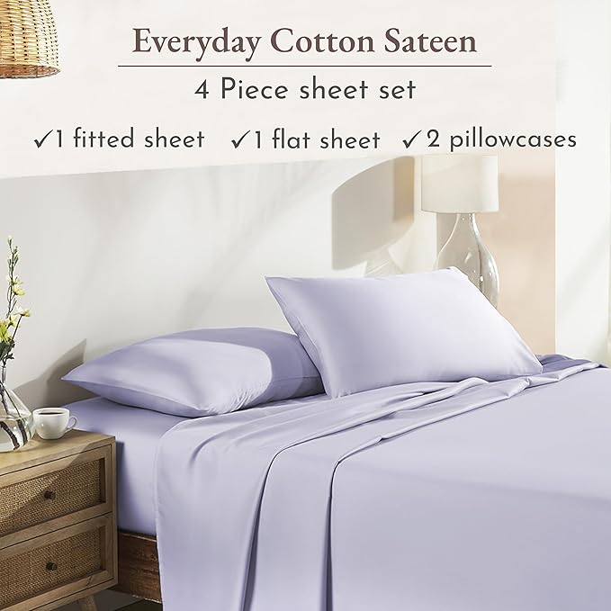 California Design Den Queen Sheet Set Deep Pocket - Natural 100% Cotton Sheets, Soft Sateen Weave, All Around Elastic, Breathable and Durable Bedding - Lavender