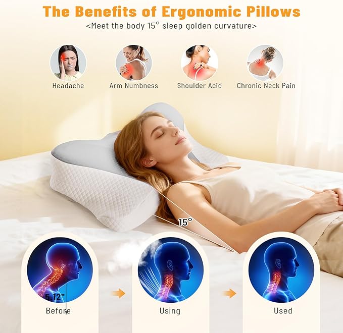 Cervical Neck Pillow Set of 2, Memory Foam Pillow for Neck Pain Relief, Ergonomic Bed Pillow with Neck Support for Side, Back & Stomach Sleepers, Queen, Grey