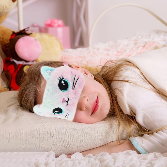 2 Pcs Plush Eye Mask Soft Sleeping Blindfold Eye Cover Comfortable Cute Animal Sleeping Mask Satin Nap Night Eyeshade Cover for Women Men Gift (Multicolor, Cat&Rabbit Style)
