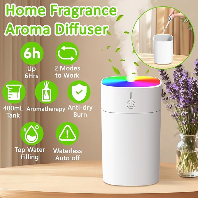 Portable Small Humidifiers for Bedroom, 3L Aroma Diffuser for Home Personal Desktop Plant Humidifier Indoor Fragrance Aroma Diffuser with 2 Modes, Night Light and Auto-Off
