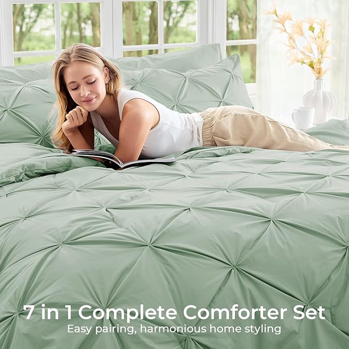 Sasttie Twin Comforter Set, 5-Piece Bed in a Bag, Pintuck Bedding Sets for All Season, Includes Comforter, Flat Sheet, Fitted Sheet, Pillowcase and Pillowsham, Light Sage Green