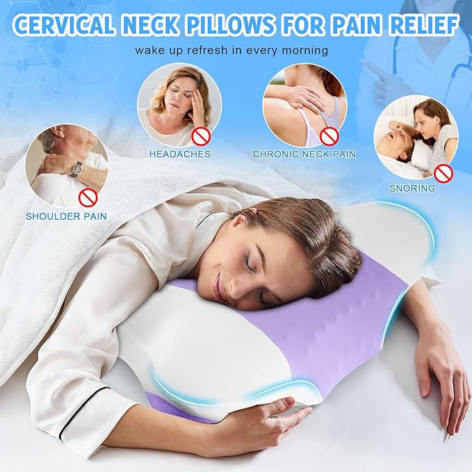 Cervical Neck Pillows with Memory Foam - Ergonomic Neck Support Pillows for Pain Relief Contour Memory Foam - Adjustable Orthopedic Bed Pillows with Cooling Pillowcase for Sleeping - Purple