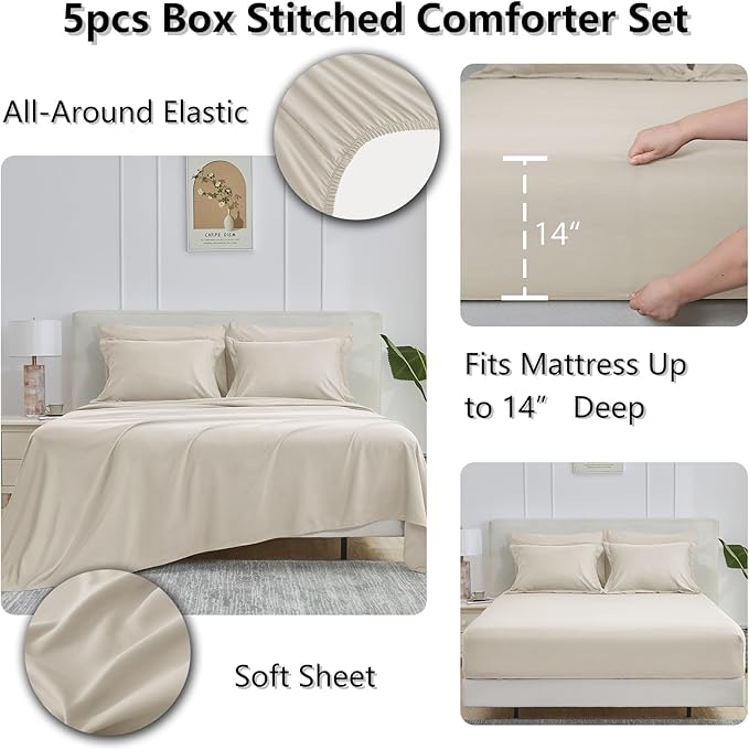 CozyLux Twin XL Comforter Set Beige - 5 Pieces Twin XL Bed in a Bag Set, Soft Bedding Sets Bed Set Extra Long for All Season with Comforter, Flat Sheets, Fitted Sheet, Pillowcase &Pillow Sham