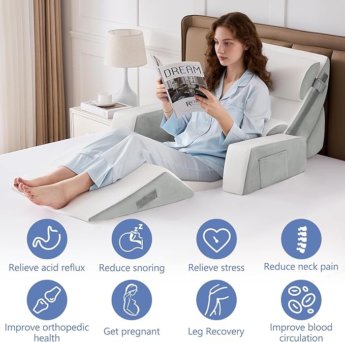 Yojoker Orthopedic Bed Wedge Pillow Set for Sleeping, Post Surgery Foam for Body, Back and Leg Pain Relief Comfortable & Adjustable Support Pillows-Anti Snoring, Heartburn (Gray, 9 Piece Set)