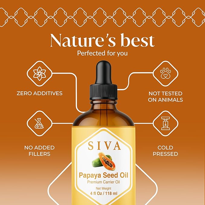 Siva Papaya Seed Oil 4oz (118ml) Premium Cold-Pressed 100% Natural Carrier Oil with Dropper for Face, Skin Care, Body Massage, Hair Care, Hair Oiling & Scalp Massage