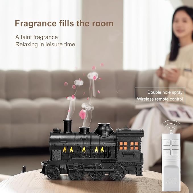 Train Diffuser 300ml, Aromatherapy Diffuser Cool Mist Ultrasonic Aroma Train Diffuser with Remote Control 2 Light 2 Mist Mode Auto Shut-Off for Bedroom Office Hotel(Black)