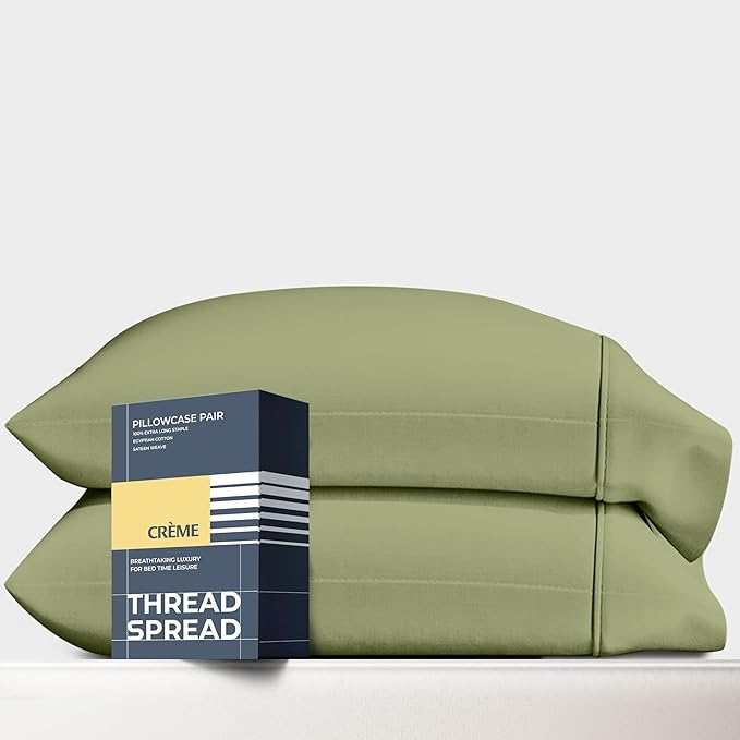 THREAD SPREAD 100% Egyptian Cotton King Size Pillow Cases Set of 2 - Luxury 1500 Series Pillow Cases King Size (Sage Green), Soft Cooling Envelope Closure Hotel Quality Egyptian Cotton Pillowcases