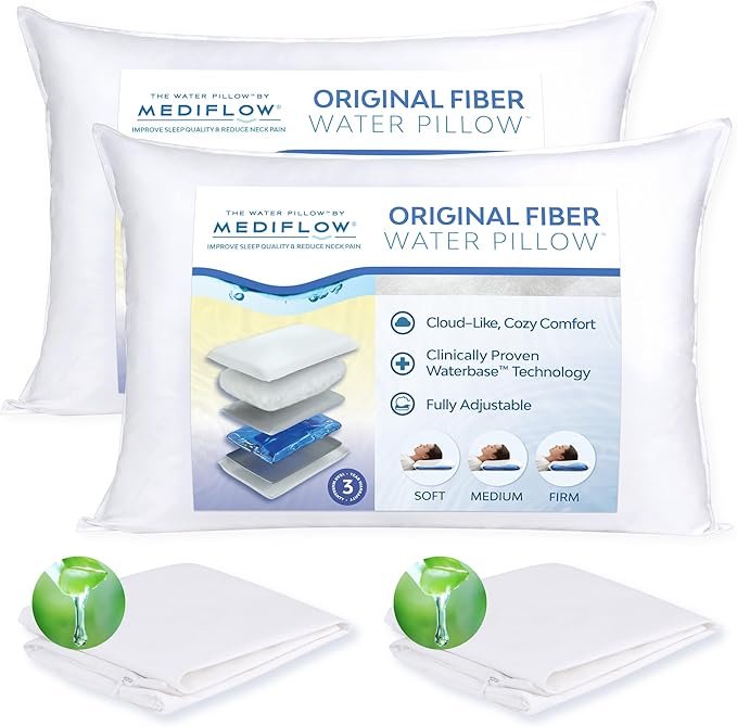 Mediflow Fiber Water Pillow - Adjustable Pillow for Neck Pain Relief, Pillow for Side, Back, and Stomach Sleepers, The Original Inventor of The Water Pillow (2 Pillows, 2 Aloe Vera Pillow Covers)