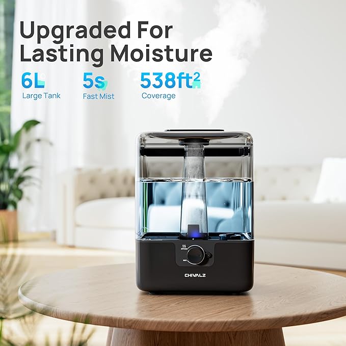 CHIVALZ Humidifiers for Bedroom Large Room, 6L Cool Mist Top Fill Humidifier with Essential Oil Diffuser, 26dB Quiet Ultrasonic Humidifier for Baby Nursery Plants, 50H Runtime Night Light Black