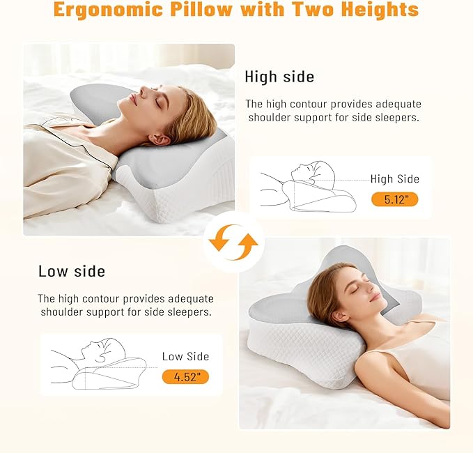 Cervical Neck Pillow, Memory Foam Pillow for Neck Pain Relief, Ergonomic Bed Pillow with Neck Support for Side, Back & Stomach Sleepers, Queen Size, Grey