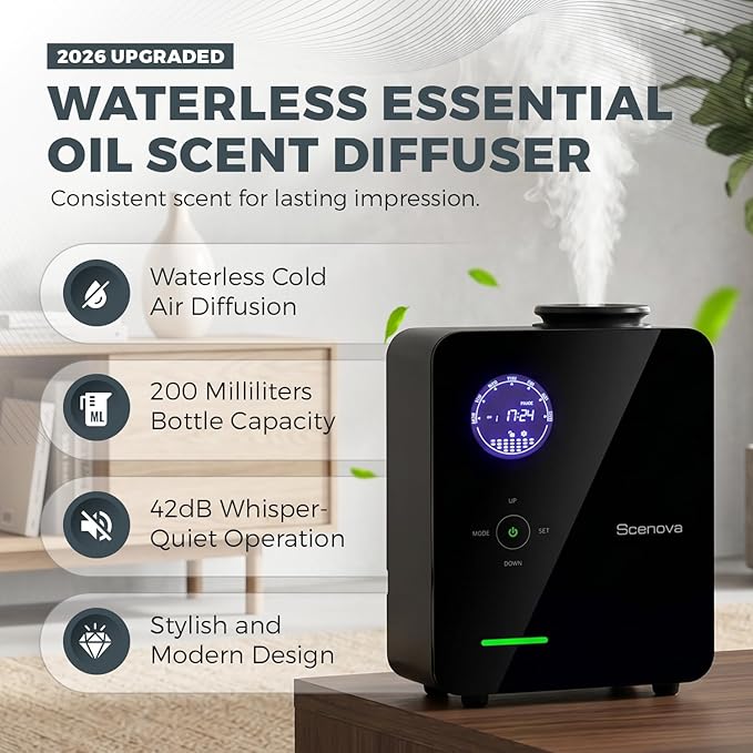 Pro, 2026 Upgraded, Waterless Essential Oil Aromatherapy Scent Diffuser. Whole Home System, 2000 sq ft Coverage, Home, Office, Spa. Touch Panel and Bluetooth Controls.