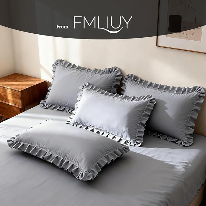 Ruffle Pillow Cases Queen Size Set of 2 – Soft Wrinkle Resistant Brushed Microfiber Ruffled Pillowcases –Envelope Pillow Shams Cover Festive Gift for Hotels,Guest Rooms 20x30 Inch (Silver Gray)