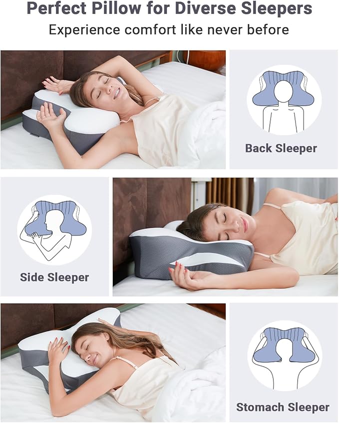 Cervical Pillow for Neck Pain Relief - Cooling Ergonomic Dual-Sided Orthopedic Neck Pillow with Ice Silk Pillowcase, Breathable Memory Foam Contour Pillow for Side, Back, Stomach Sleepers