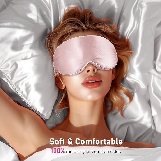 LitBear 100% 22 Momme Mulberry Silk Sleep Mask - 3D Contoured Eye Mask for Men Women, Soft Breathable Sleeping Mask with Adjustable Strap, Perfect Blocks Light for Sleeping (Pale Pink)
