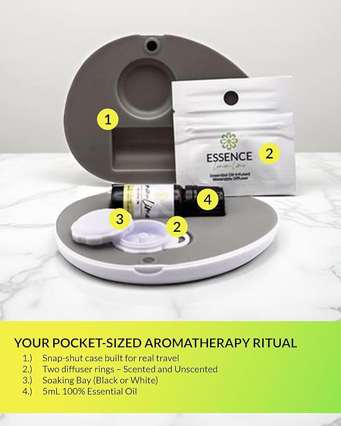 Essence Pearl Travel Case | Lemon-Lime Essential Oil | Aromatherapy Nasal Diffuser & Essential Oil Carrying Case | Uplifting Citrus Blend | Travel-Friendly Kit | White Pod