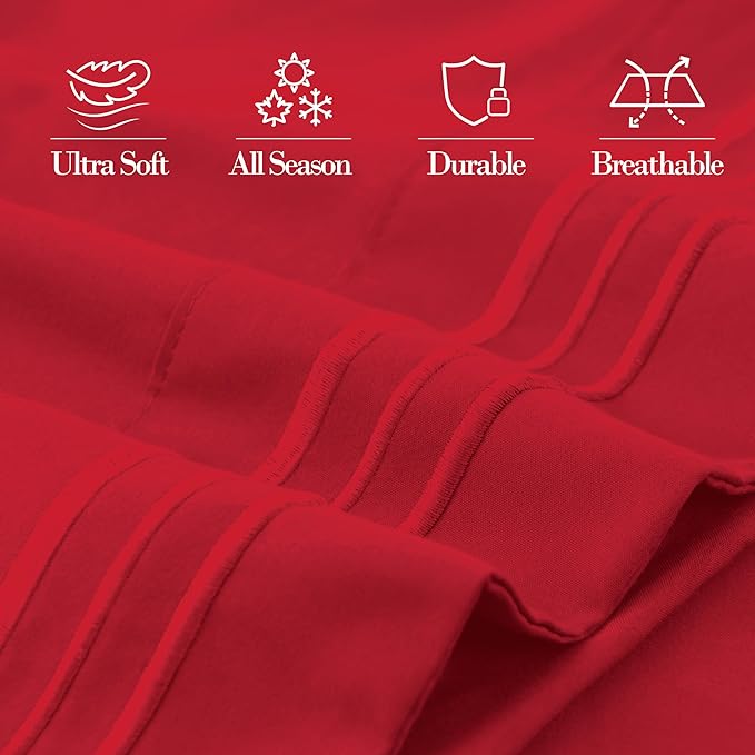 Mocassi 2-Piece Premium Standard/Queen Pillowcase Set 1800 Series Hotel Quality Microfiber - Soft and Breathable with 3-Line Embroidery Wrinkle and Stain Resistant, Easy Care, 20" x 30", Red