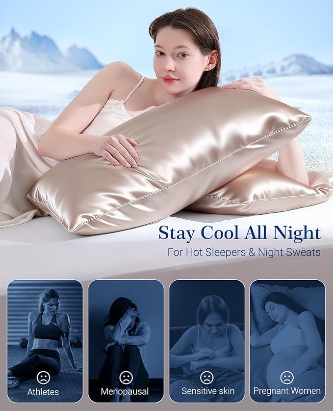 Elegear Cooling Pillow Cases Set of 2 for Hot Sleepers, Softer Than Silk Pillow Cases for Hair & Skin,Upgraded Arc-Chill Cooling Satin Pillowcases Q-max>0.5, Luxury Zipper Pillowcase-Queen,Champagne