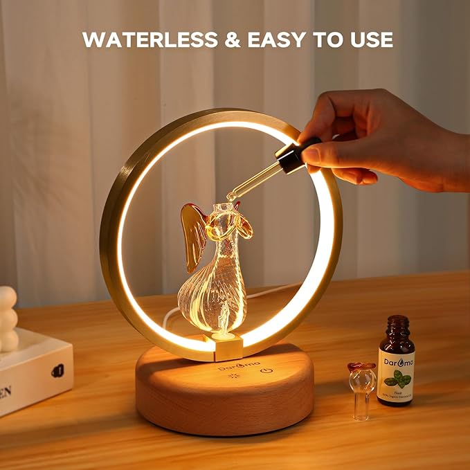 DAROMA Angel Handmade Glass & Wood Waterless Essential Oil Diffuser - Adjustable Mood Light, 2 Mist Modes for Home Office Decor, Pure Aromatherapy Gift