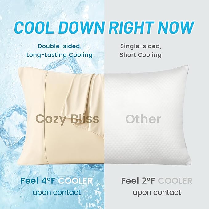 Cozy Bliss Cooling Pillow Cases for Hot Sleepers, Q-Max>0.45, Standard Size Set of 2, Soft & Silky Pillow Covers with Envelope Closure,Gift, Khaki, 20x26 Inches