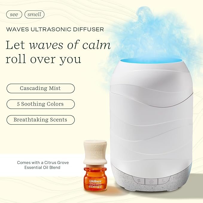 Lifelines Waves Ultrasonic Essential Oil Diffuser with Essential Oil Blend, 200ml - Aromatherapy Diffuser with Cascading Mist, Colored Lights & Auto-Shut Off Features - Home & Bedroom Essentials