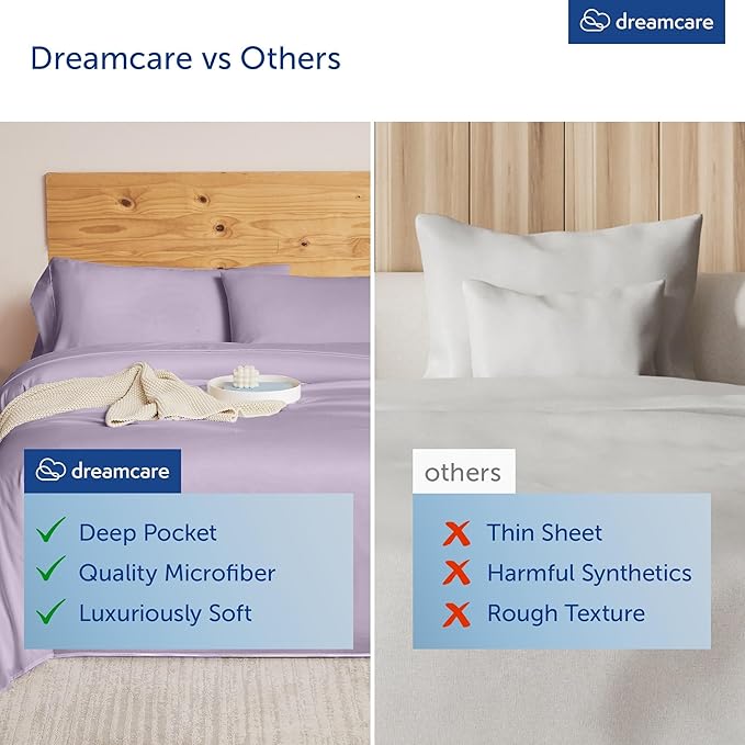 DREAMCARE Queen Sheet Set - 6 pcs Breathable Cooling Bed Sheets - up to 15" Deep Pocket Queen Sheets Set with Side Pockets - Extra Soft 100% Brushed Hypoallergenic Hotel Luxury Bedding- Lavender