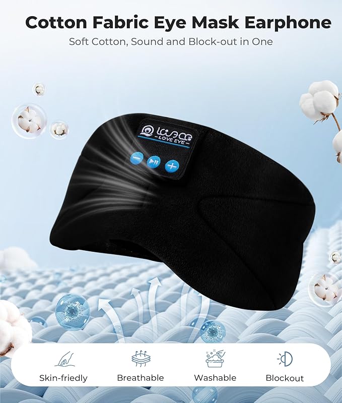 LOVE EYE Sleep Headphones Bluetooth 5.4 Sleeping Eye Mask Wireless Music Earphones with HD Speakers for Side Sleepers Total Blackout Cotton Mask for Travel, Office, Unique Gifts (Black)